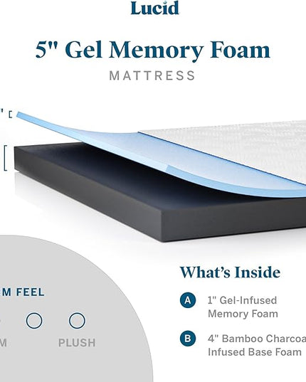 Lucid 5 Inch Gel Memory Foam Mattress - Firm Feel - Gel Infusion - Memory Foam Infused with Bamboo Charcoal - Breathable Cover - Short Queen - LeafyLoom