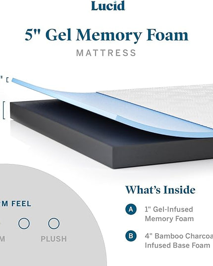 Lucid 5 Inch Gel Memory Foam Mattress - Firm Feel - Gel Infusion - Memory Foam Infused with Bamboo Charcoal - Breathable Cover - Queen - LeafyLoom