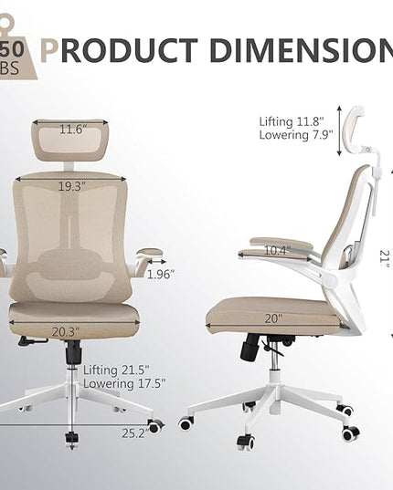 Office Chair 350LBS Capacity,Ergonomic Comfy Home Desk Chair,High Back Gaming Chair with Wheels,Mesh Computer Chair,Lumbar Support, Adjustable Headrest,Flip-up Armrest - LeafyLoom