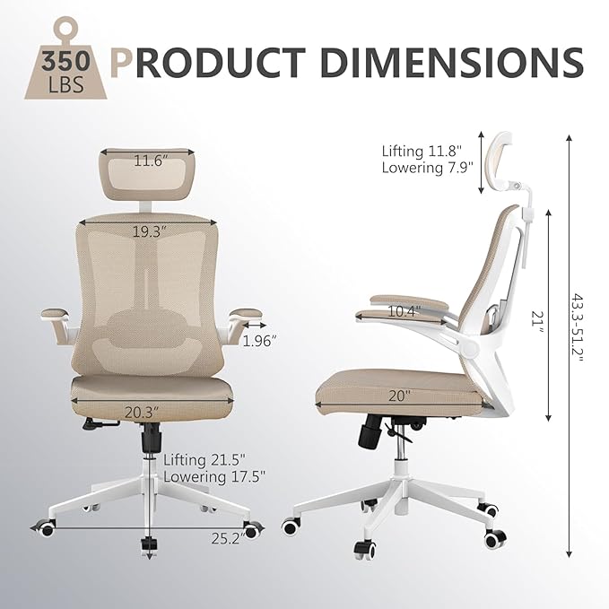 Office Chair 350LBS Capacity,Ergonomic Comfy Home Desk Chair,High Back Gaming Chair with Wheels,Mesh Computer Chair,Lumbar Support, Adjustable Headrest,Flip-up Armrest - LeafyLoom