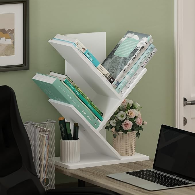 Furinno Tree Bookshelf 3-Tier Floor Standing Tree Bookcase, White - LeafyLoom