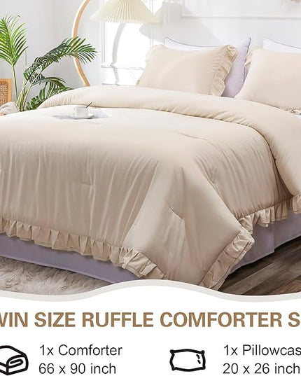 Beige Double Ruffle Comforter Set Twin Size (66x90 Inch), 2 Pcs Farmhouse Vintage Cream Comforter Set (1 Ruffled Comforter and 1 Pillowcase), Rustic All Season Down Alternative Bedding Set - LeafyLoom