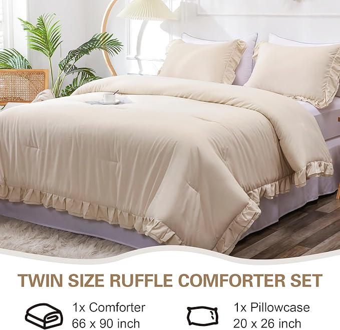 Beige Double Ruffle Comforter Set Twin Size (66x90 Inch), 2 Pcs Farmhouse Vintage Cream Comforter Set (1 Ruffled Comforter and 1 Pillowcase), Rustic All Season Down Alternative Bedding Set - LeafyLoom