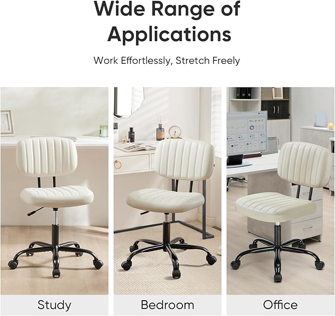 DUMOS Armless Home Office Chair Ergonomic Desk with Comfy Low Back Lumbar Support, Height Adjustable PU Leather Computer Task with 360° Swivel Wheels, for Small Space, Kids and Adults, Beige White - LeafyLoom