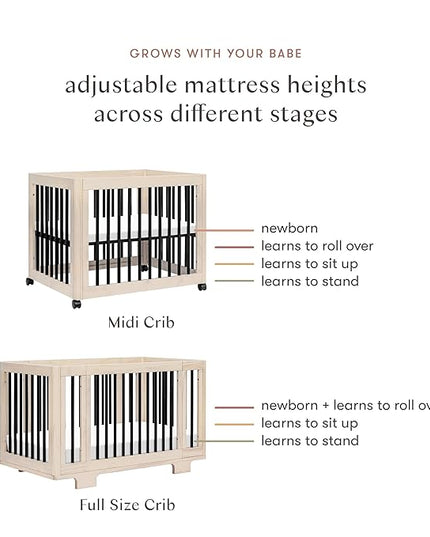 Babyletto Yuzu Convertible All-Stages Bassinet, Midi, Full-Size Crib in Washed Natural with Black, Greenguard Gold Certified, Portable & Adjustable with Conversion Kits and Pads Included - LeafyLoom