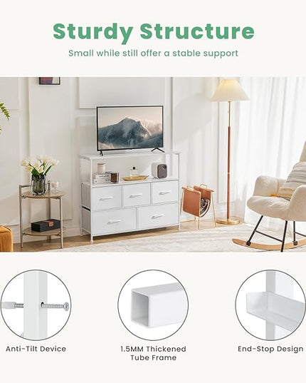 ANTONIA TV Stand Dresser for Bedroom with 5 Fabric Drawer, Entertainment Center for 45 inch Television, Media Console Table with Storage, Open Shelf, Adjustable Feet, Living Room Furniture, White - LeafyLoom