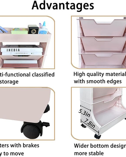 5-Tier Bookshelf, Book Storage Organization with Wheels Mobile Rolling Book Cart for Study in Bedroom School Office, Pink - LeafyLoom