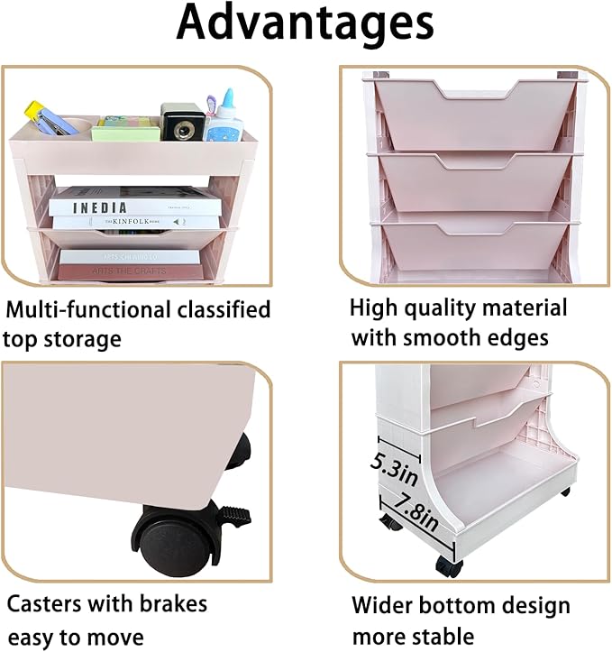 5-Tier Bookshelf, Book Storage Organization with Wheels Mobile Rolling Book Cart for Study in Bedroom School Office, Pink - LeafyLoom