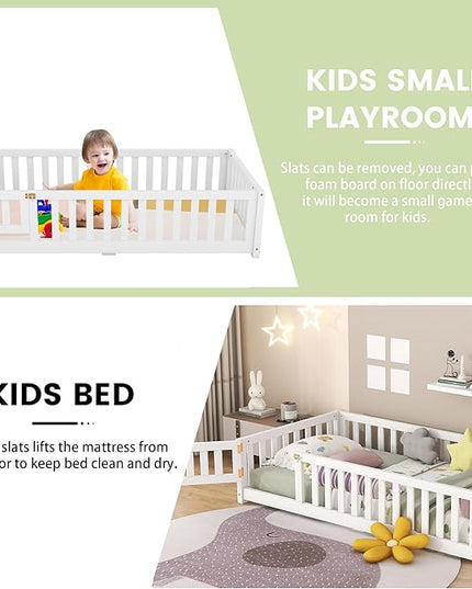 Multifunctional Twin Size Floor Bed with Safety Guardrails and Door, Removable Wood Slats, Montessori Beds Frame for Toddlers, for Boys and Girls, White - LeafyLoom