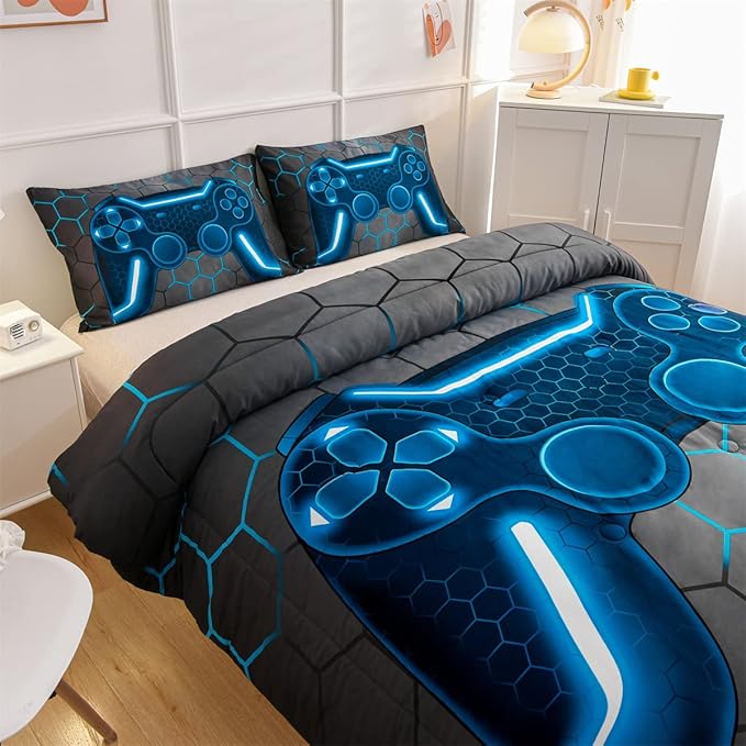 NTBED Game Console Comforter Set for Boys Girls Kids Geometric Lightweight Microfiber Bedding Sets (Blue, Full) - LeafyLoom