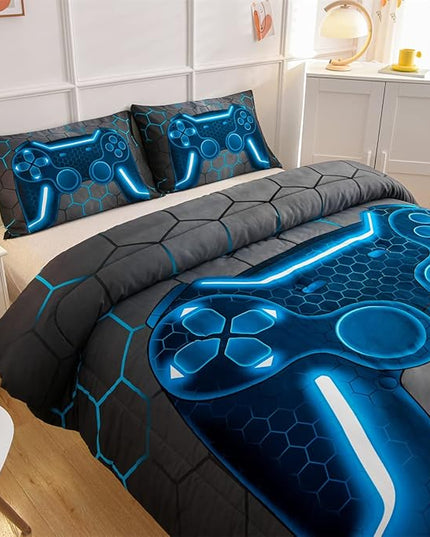 NTBED Game Console Comforter Set for Boys Girls Kids 3D Gaming Geometric Lightweight Microfiber Bedding Sets (blue, Queen) - LeafyLoom
