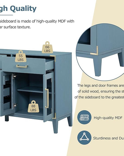 60" Retro Sideboard with 6-Drawer and 2-Cabinet,Multifunctional Buffet,w/Gold Handles & Solid Wood Legs,Extra Large Storage Space,for Kitchen and Living Room,Antique Blue - LeafyLoom