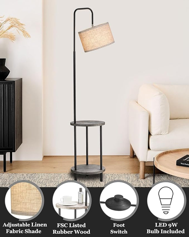 ELYONA Rubber Wood Floor Lamp - Rustic Side Table Lamp for Bedroom & Living Room - Mid Century Modern Floor Lamp with End Table for Farmhouse - Industrial Tall Pole Reading Standing Light - Grey - LeafyLoom