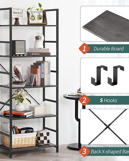 Yoobure 5 Tier Bookshelf - Tall Book Shelf Modern Bookcase for CDs/Movies/Books, Rustic Book Case Industrial Bookshelves Book Storage Organizer for Bedroom Home Office Living Room Grey - LeafyLoom