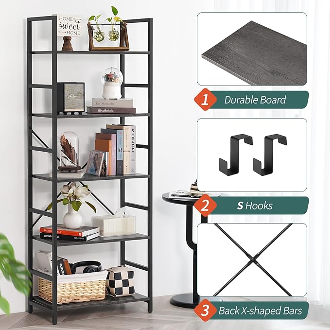 Yoobure 5 Tier Bookshelf - Tall Book Shelf Modern Bookcase for CDs/Movies/Books, Rustic Book Case Industrial Bookshelves Book Storage Organizer for Bedroom Home Office Living Room Grey - LeafyLoom