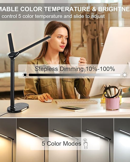 Lightess LED Desk Lamp with Wireless Charger, USB Charging Port, Adjustable Foldable Dual Swing Arm Desk Light Dimmable Eye-Caring Desk Lamp, Touch Control, Home Office Desk Lights for Work Study - LeafyLoom