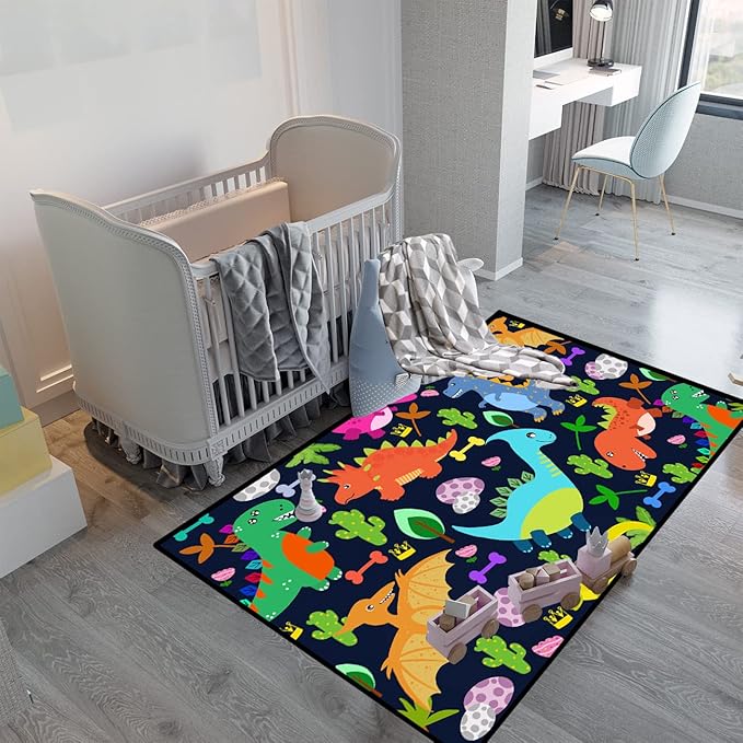Dinosaur Rug for Boys Room Cartoon Dinosaur Area Rugs Kids Rug Dinosaur Rug Kids Play Rug Dinosaur Play Rug for Bedroom and Kidroom Playing Room,Dark Blue 3'×4' - LeafyLoom