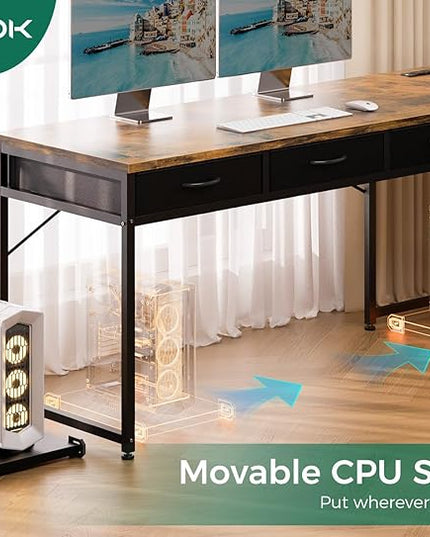 AODK 61 Inch L Shaped Computer Desk with Drawers, Corner Desk with Power Outlets & Reversible Storage Shelves, Movable CPU Stand for Home Office Gaming, Vintage - LeafyLoom