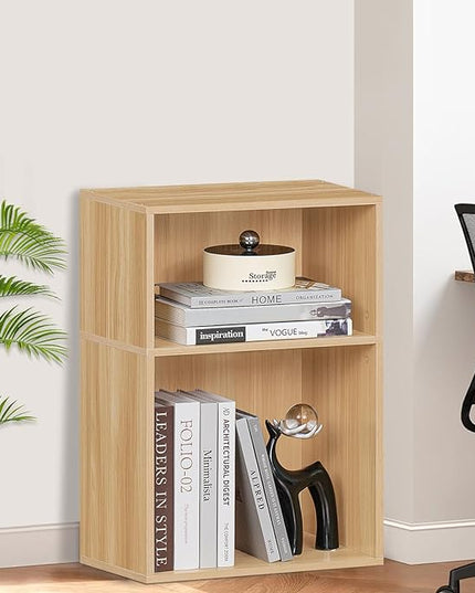 LEYAOYAO 2 Cube Bookshelf,Natural Record Player Stand Holds up to 100 Albums, Mini Wood Book Shelf Storage Organizer,Turntable Stand with Vinyl Storage Cabinet, Narrow Open Bookcase for Small Spaces - LeafyLoom