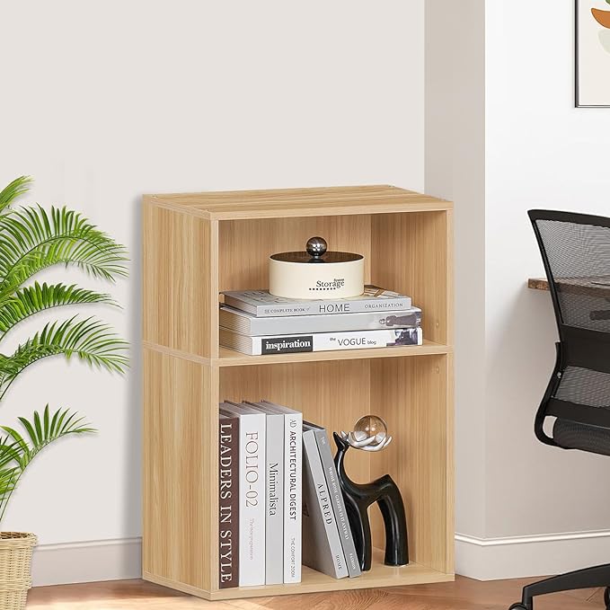 LEYAOYAO 2 Cube Bookshelf,Natural Record Player Stand Holds up to 100 Albums, Mini Wood Book Shelf Storage Organizer,Turntable Stand with Vinyl Storage Cabinet, Narrow Open Bookcase for Small Spaces - LeafyLoom
