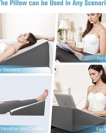 Wedge Pillow for Sleeping, 10 Inch Bed Wedge Pillow for Headboard, Wedge Pillow for Acid Reflux, After Surgery, Snoring, Cooling Memory Foam Top Triangle Pillow Wedge, Removable Cover - LeafyLoom