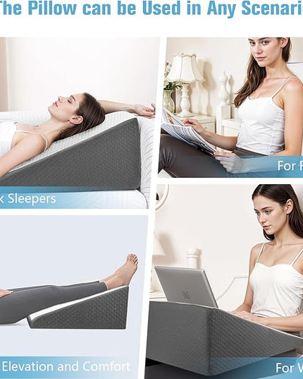 Wedge Pillow for Sleep Apnea, 12 Inch Bed Wedge Pillow for Headboard, Wedge Pillow for Acid Reflux, After Surgery, Snoring, Cooling Memory Foam Top Triangle Pillow Wedge, Removable Cover - LeafyLoom