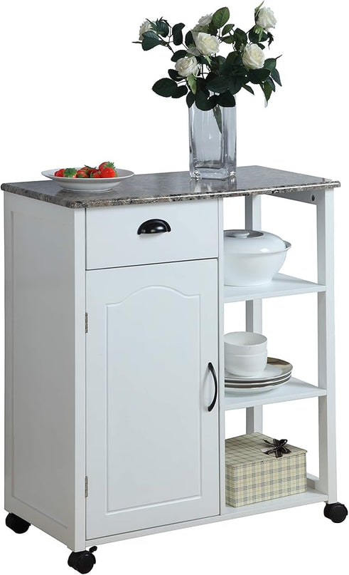 King's Brand White Finish Wood & Marble Vinyl Top Kitchen Storage Cabinet Cart - LeafyLoom