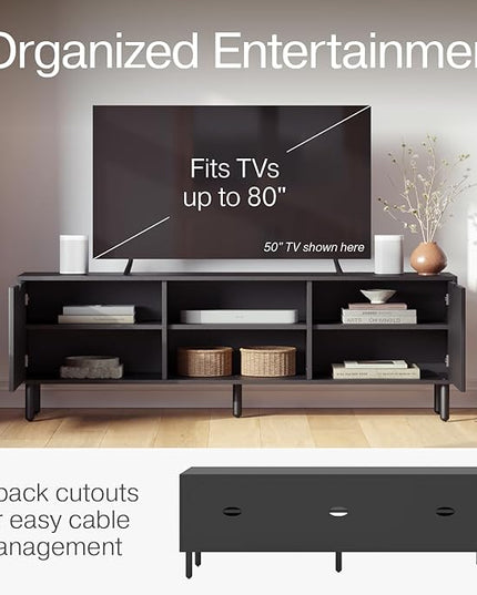 Contemporary Fluted TV Stand - Media Console - 70 Inch Entertainment Center with Storage - Console Table for Living Room and Bedrooms - Supports 32 to 80" TVs - Soft-Close Cabinet Doors (Black) - LeafyLoom