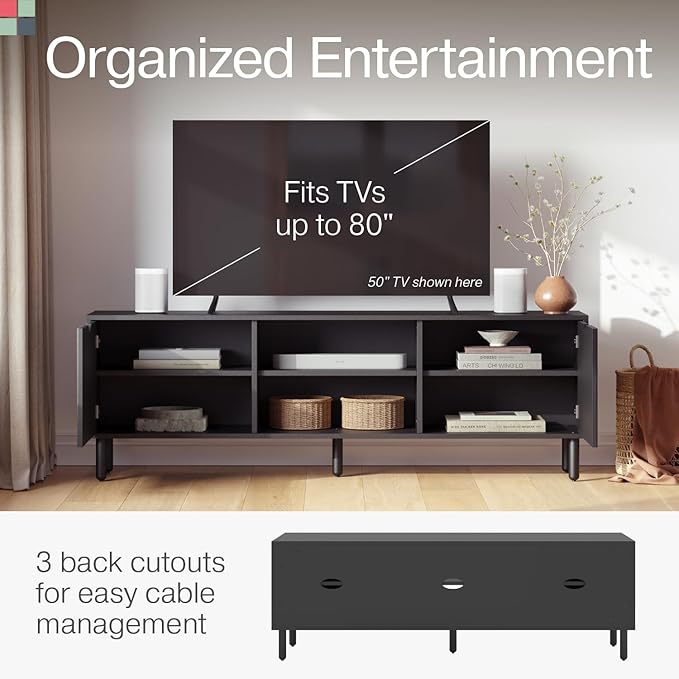 Contemporary Fluted TV Stand - Media Console - 70 Inch Entertainment Center with Storage - Console Table for Living Room and Bedrooms - Supports 32 to 80" TVs - Soft-Close Cabinet Doors (Black) - LeafyLoom