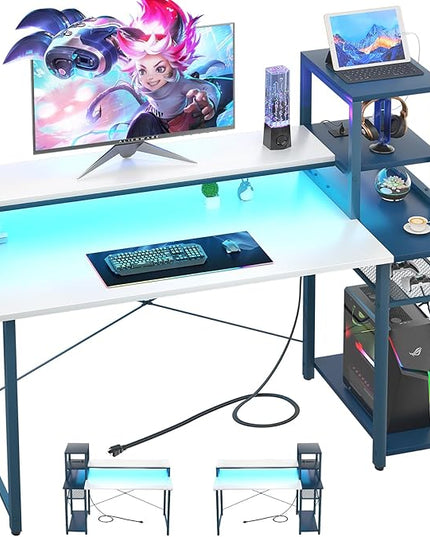 39.4'' Gaming Desk with LED and Storage Shelves, 39 Computer Desk with Long Monitor Stand, Small Desk for Small Space, Simple Study Student Writing Desk, Laptop Table for Home Office, White - LeafyLoom