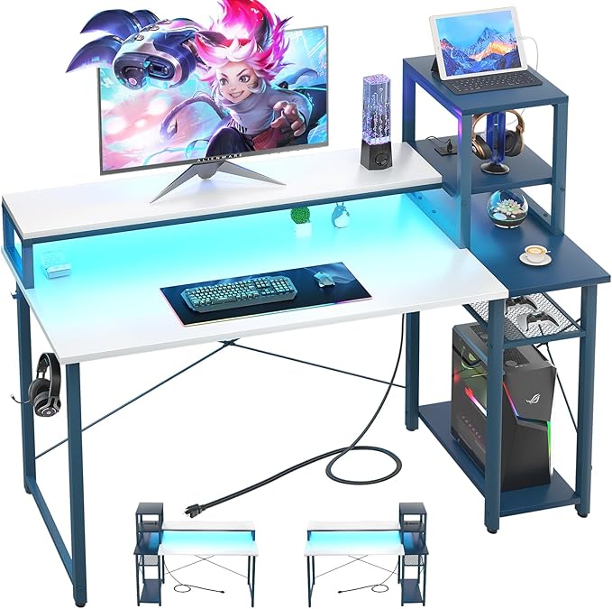 39.4'' Gaming Desk with LED and Storage Shelves, 39 Computer Desk with Long Monitor Stand, Small Desk for Small Space, Simple Study Student Writing Desk, Laptop Table for Home Office, White - LeafyLoom