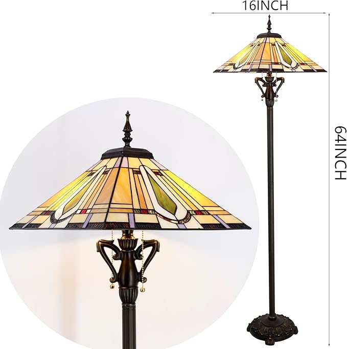 Tiffany Floor Lamp Mission Style Stained Glass Standing Reading Light 16X16X64 Inch - LeafyLoom
