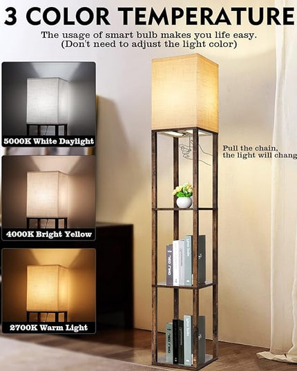 RUNTOP Floor Lamp with Shelves, Modern Shelf Lamp for Display Storage, 3 Color Temperature Wood Narrow Standing Corner Lamp with 8W Bulb for Living Room Decor, Bedroom, Office, Home Decor(Brown) - LeafyLoom