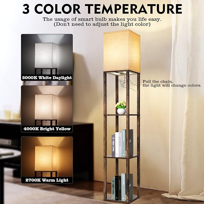 RUNTOP Floor Lamp with Shelves, Modern Shelf Lamp for Display Storage, 3 Color Temperature Wood Narrow Standing Corner Lamp with 8W Bulb for Living Room Decor, Bedroom, Office, Home Decor(Brown) - LeafyLoom
