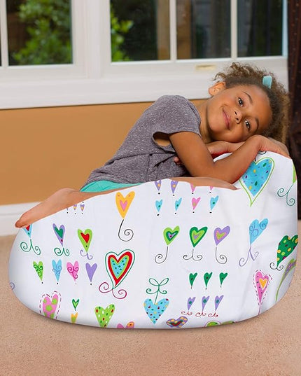 Posh Creations Bean Bag Chair for Kids, Teens, and Adults Includes Removable and Machine Washable Cover, Canvas Multi-Colored Hearts on White, 27in - Medium - LeafyLoom