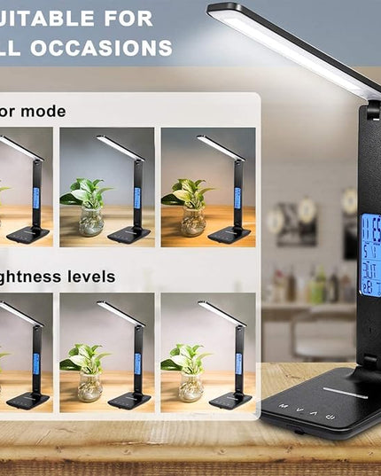 LED Desk Lamp, Dimmable Eye-Protecting Table Lamps with Night Light, USB Charging Port, 4 Color Temperature Modes, 5 Brightness Levels, 1H Timer, Touch Control for Home Office Bedroom (Black) - LeafyLoom