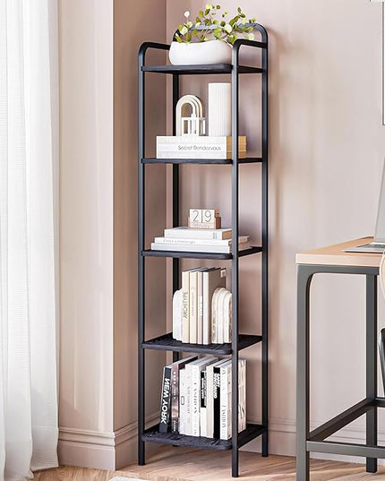 Bookcase Bookshelf, Narrow Book Shelf, Industrial Coner Shelf Storage Organizer, Slim Shelving Unit for Home Office, Living Room, Bedroom, Kitchen, 5-Tier Black BC24504B - LeafyLoom
