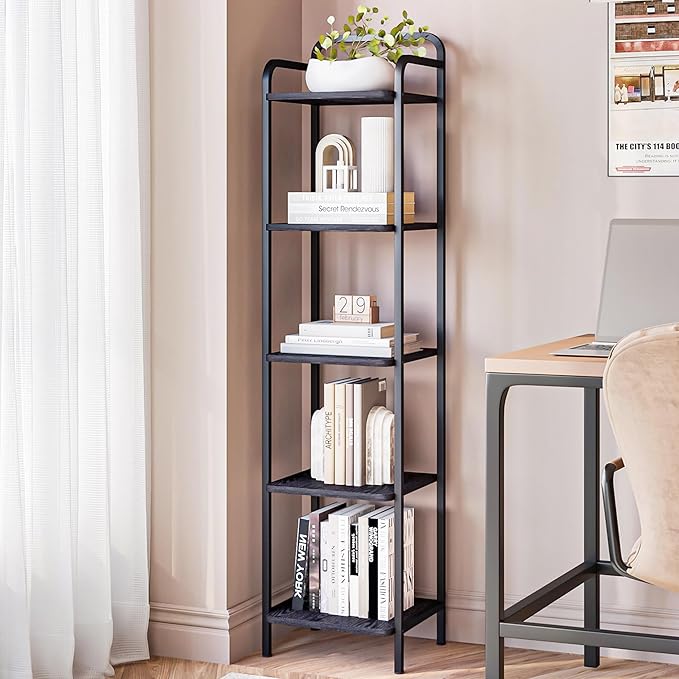 Bookcase Bookshelf, Narrow Book Shelf, Industrial Coner Shelf Storage Organizer, Slim Shelving Unit for Home Office, Living Room, Bedroom, Kitchen, 5-Tier Black BC24504B - LeafyLoom