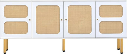 Merax Boho TV Stand with Rattan Door, Woven Media Console Table for Television Up to 70”, Country Style Design Side Board with Gold Metal Base for Living Room, 64.9" length, White - LeafyLoom