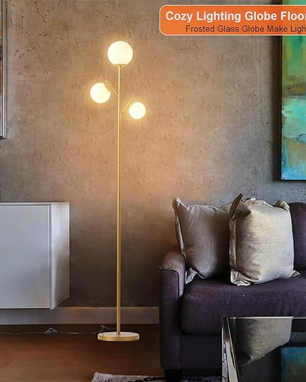 3 Globe Gold Mid Century Floor Lamp, Modern Standing Lamp with Frosted Glass Shade & 3pcs Warm White LED Bulbs, Contemporary Tall Tree Lamp for Living Room, Bedroom - Antique Brass - LeafyLoom