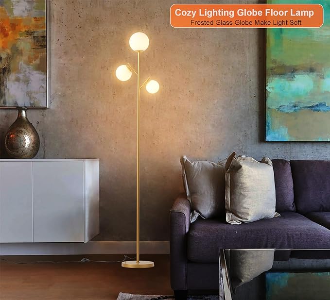 3 Globe Gold Mid Century Floor Lamp, Modern Standing Lamp with Frosted Glass Shade & 3pcs Warm White LED Bulbs, Contemporary Tall Tree Lamp for Living Room, Bedroom - Antique Brass - LeafyLoom