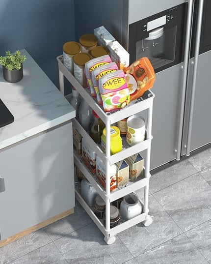 Sooyee 4 Tier Wide Storage Cart Mobile Shelving Unit Organizer Slide Out Storage Rolling Utility Cart Tower Rack for Kitchen Bathroom Laundry, Plastic & Stainless Steel,White - LeafyLoom