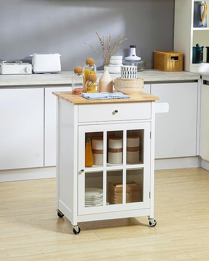 HOMCOM 27" Rolling Kitchen Island Cart with Drawer and Glass Door Cabinet, Kitchen Trolley with Adjustable Shelf and Towel Rack, White - LeafyLoom