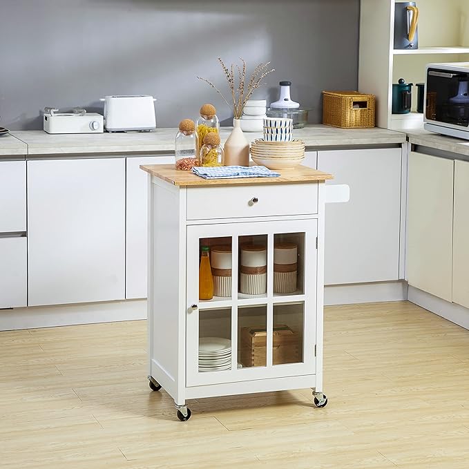 HOMCOM 27" Rolling Kitchen Island Cart with Drawer and Glass Door Cabinet, Kitchen Trolley with Adjustable Shelf and Towel Rack, White - LeafyLoom