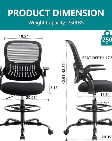 SMUG Drafting Chair, Tall Office Chair Tall Standing Desk Chair Counter Height Adjustable Office Chair with Flip-up Arms, Mid Back Mesh Office Drafting Chairs, Black - LeafyLoom