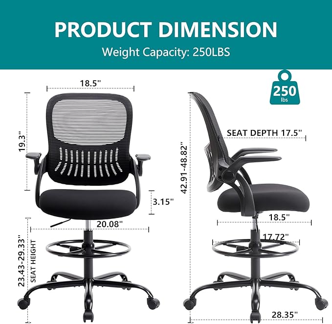 SMUG Drafting Chair, Tall Office Chair Tall Standing Desk Chair Counter Height Adjustable Office Chair with Flip-up Arms, Mid Back Mesh Office Drafting Chairs, Black - LeafyLoom