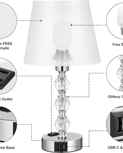 Bedside Lamps for Bedrooms Set of 2 - Crystal Nightstand Bedroom Lamp with Two USB Charging Port, 3 Way Dimmable Touch Small Bed Side Table Lamp, Silver Night Stand Light for Living/Guest/Dinning Room - LeafyLoom