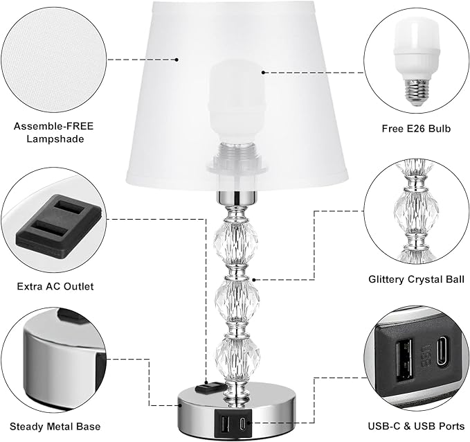 Bedside Lamps for Bedrooms Set of 2 - Crystal Nightstand Bedroom Lamp with Two USB Charging Port, 3 Way Dimmable Touch Small Bed Side Table Lamp, Silver Night Stand Light for Living/Guest/Dinning Room - LeafyLoom