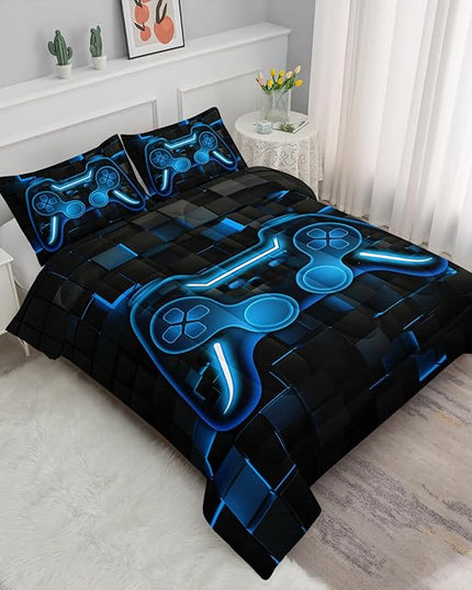 Axolotl Gamepad Comforter Set Twin Size,Blue Grid Print Bedding Set,Boys Gaming Console Comforter Set,Modern Gaming controller Geometry Bedding Set for Adult Teens Men,1 Quilt 2 Pillowcases,Blue Black - LeafyLoom