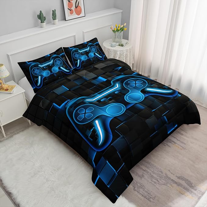 Axolotl Gamepad Comforter Set Twin Size,Blue Grid Print Bedding Set,Boys Gaming Console Comforter Set,Modern Gaming controller Geometry Bedding Set for Adult Teens Men,1 Quilt 2 Pillowcases,Blue Black - LeafyLoom